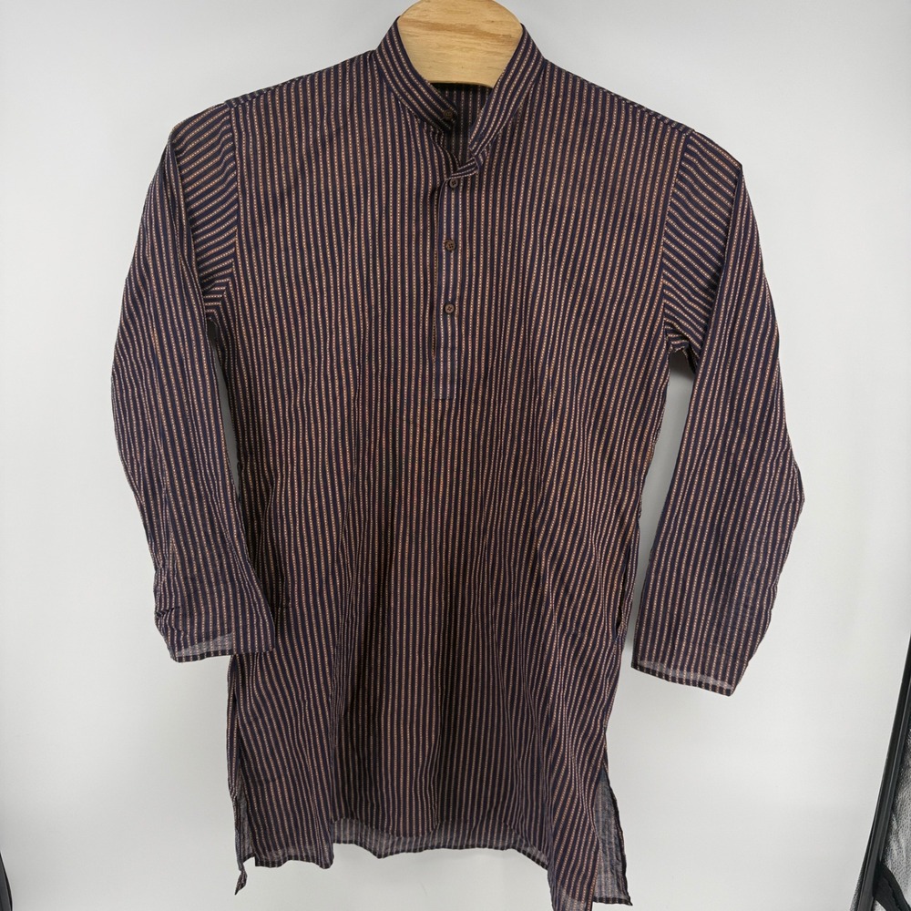 Ethos Mens‎ Cotton Striped Kurta Tunic Shirt Navy Blue Orange Size 40 100cm